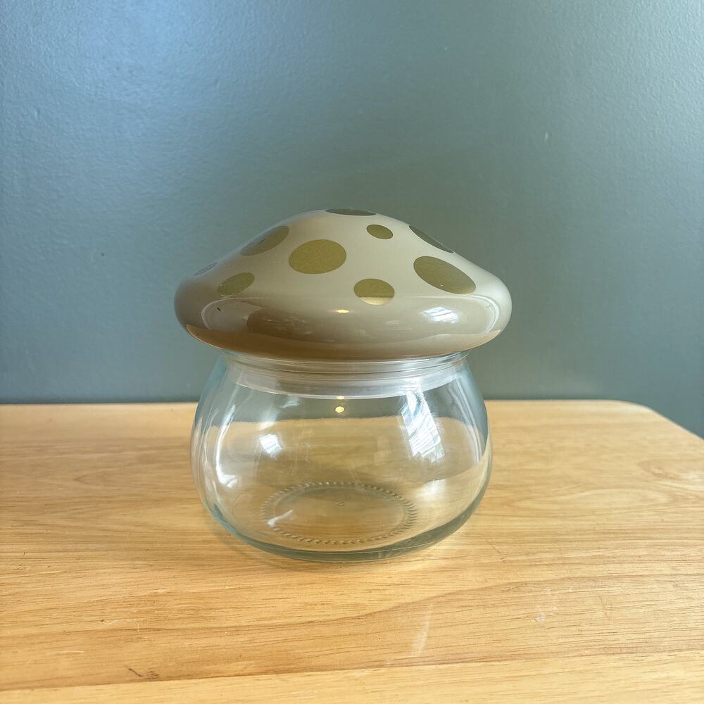 Mushroom Shape Glass Storage Jar with Gray Gold Polka Dot Lid Cottagecore